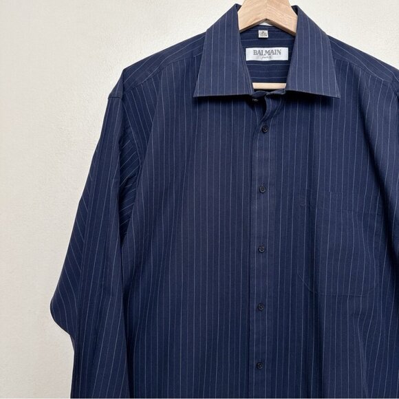 Balmain Paris Mens Medium 15.5 Pinstripe Navy Dress Shirt - Picture 6 of 13